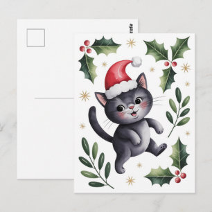 Cartão Postal Gatinho Gato Preto Fofo Natal Inverno Férias