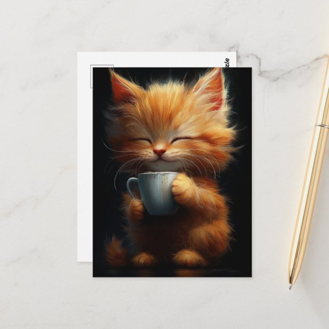 Cartão Postal Gatinho Ginger Adorável com Café (Frente/Verso In Situ)
