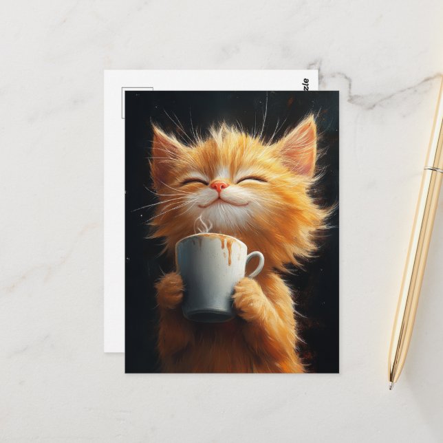 Cartão Postal Gatinho Ginger Bonito com Café (Frente/Verso In Situ)