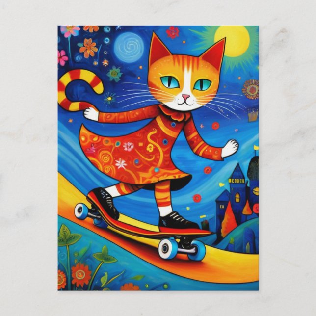 Cartão Postal Gatinho laranja adorável num skate de vestidos (Frente)