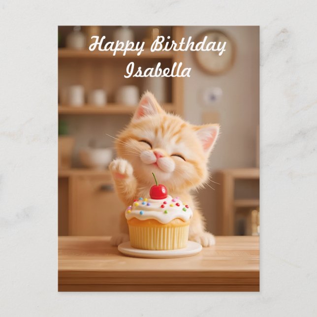 Cartão Postal Gatinho Laranja Fofo com um Bolo de Aniversário (Frente)