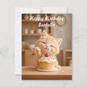 Cartão Postal Gatinho Laranja Fofo com um Cupcake