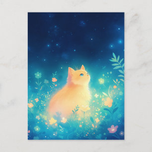Cartão Postal Gatinho Laranja no Prado Noturno Estrelado