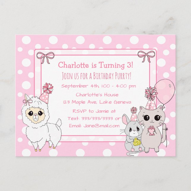 Cartão Postal Gatinho, Llama e Aniversário da Mouse (Frente)