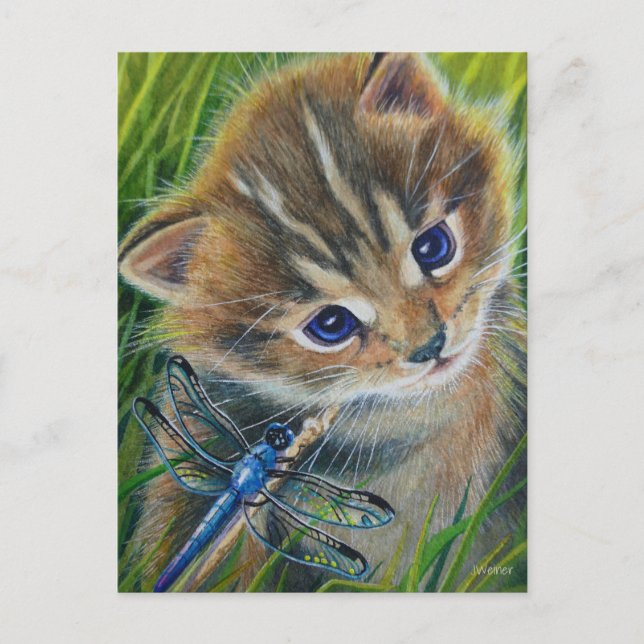 Cartão Postal Gatinho Marrom Tabby e Arte em Aquarela de Libélul (Frente)