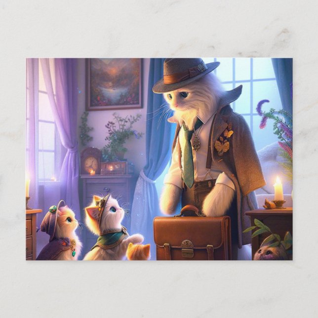 Cartão Postal Gatinho místico indo trabalhar (Frente)
