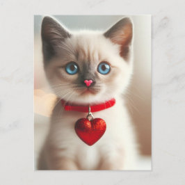 Cartão Postal Gatinho Namorados Adorável com Coração no Colar