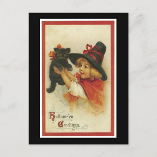 Cartão Postal Gatinho Negro e Bruxa do Halloween
