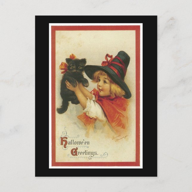Cartão Postal Gatinho Negro e Bruxa do Halloween (Frente)