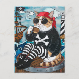 Cartão Postal Gatinho pirata em felpudo de suéter preto com café