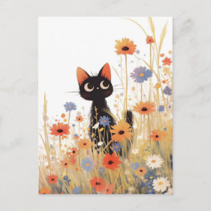 Cartão Postal Gatinho Preto em Prado de Flores Silvestres Laranj