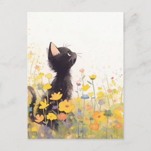 Cartão Postal Gatinho Preto em Prado de Verão com Flor Silvestre
