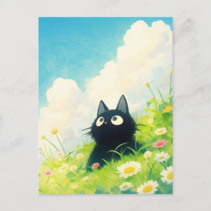 Cartão Postal Gatinho Preto no Prado Ensolarado de Margaridas Se