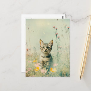 Cartão Postal Gatinho Retro Adorável em um Campo de Flores Silve