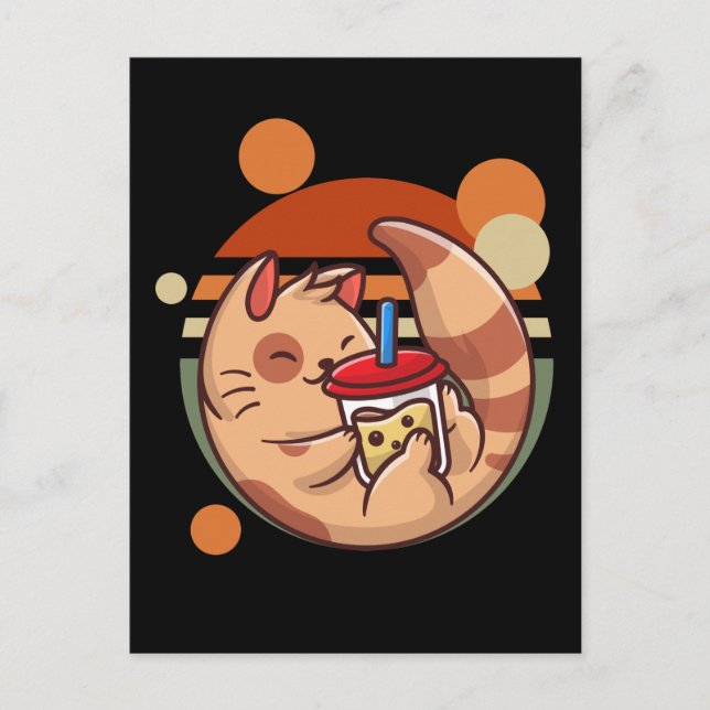 Cartão Postal Gatinho Retro de Chá-Gato de Chá-Bble Kawaii (Frente)