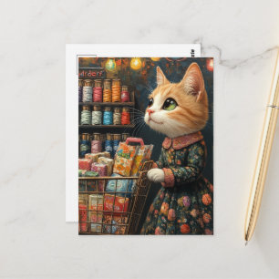 Cartão Postal Gatinho Ruivo Adorável Fazendo Compras de Mercado