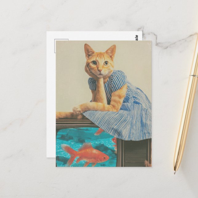 Cartão Postal Gatinho Ruivo Fofo Com Colagem Retro de Peixe Dour (Frente/Verso In Situ)