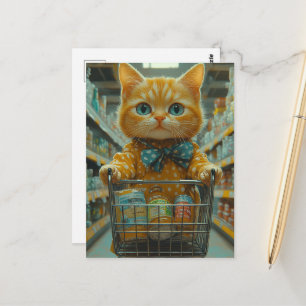Cartão Postal Gatinho Ruivo Fofo Fazendo Compras de Mercado