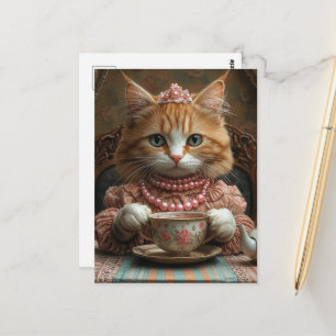 Cartão Postal Gatinho Ruivo Fofo Vestido de Rosa no Chá