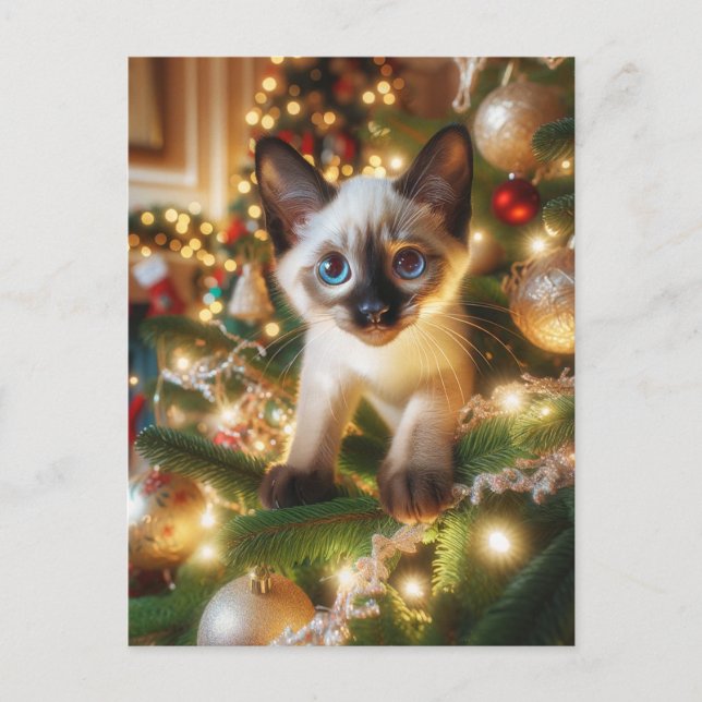 Cartão Postal Gatinho Siamês Adorável na Árvore de Natal (Frente)