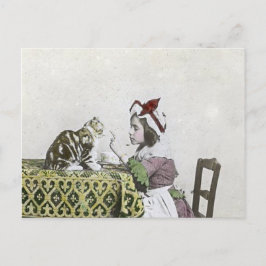 Cartão Postal Gatinho Victoriano Tea Party Vintage Little Girl