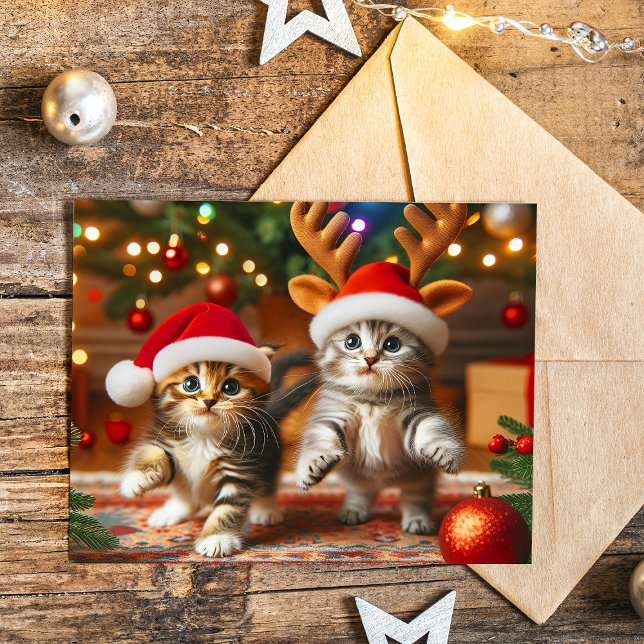 Cartão Postal Gatinhos bonitos com Papai Noel e chapéus de rena  (Criador carregado)