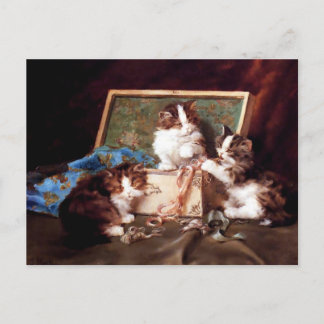 Cartão Postal Gatinhos brincando com uma pintura de caixa de cos