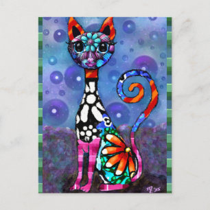 Cartão Postal Gato Abstrato Esquisito de Olhos Grandes e Funky