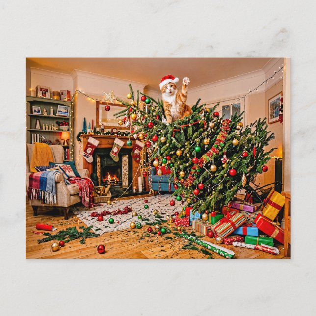 Cartão Postal Gato Acenando do Pinheiro de Natal (Frente)
