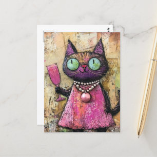 Cartão Postal Gato Adorável Com Bebida Na Mão