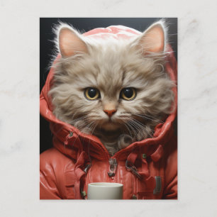 Cartão Postal Gato Adorável Com Café
