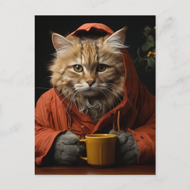 Cartão Postal Gato Adorável Com Café (Frente)