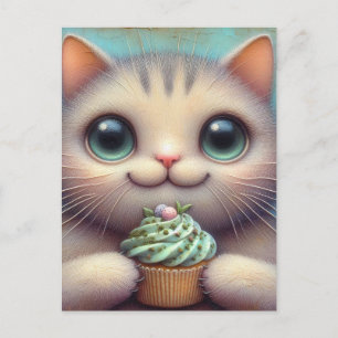 Cartão Postal Gato Adorável com Cupcake de Erva-dos-Gatos