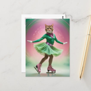 Cartão Postal Gato Adorável de Pele de Gelo em Verde e Rosa