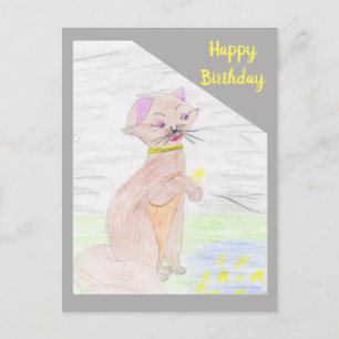 Cartão Postal Gato Adorável e Estrelas