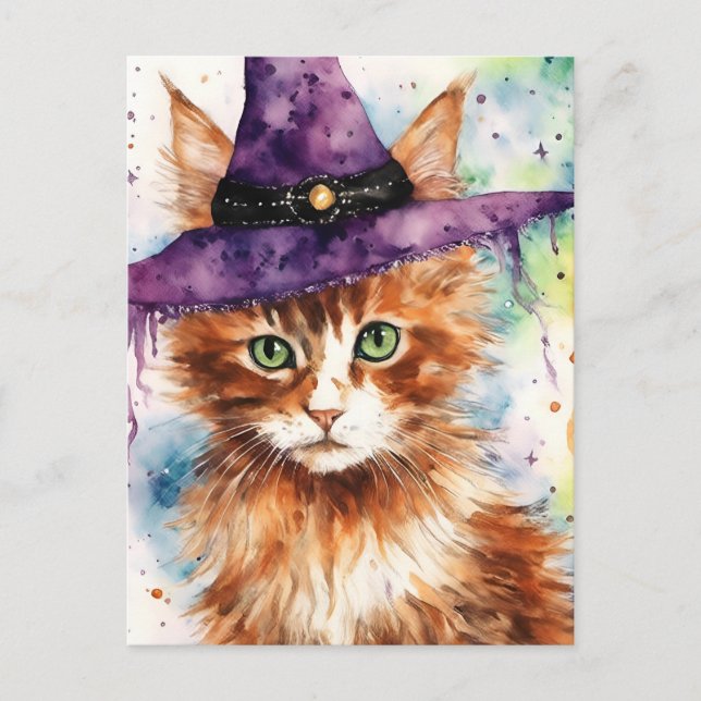 Cartão Postal Gato Adorável em uma Aquarela de Chapéu de Bruxa (Frente)