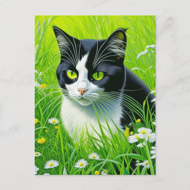 Cartão Postal Gato Adorável Personalizado em um campo de Daisies (Frente)