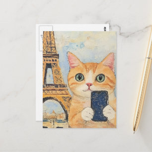 Cartão Postal Gato Adorável Tirando uma Selfie em Paris