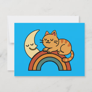 Cartão Postal Gato adormecido bonito no arco-íris com lua