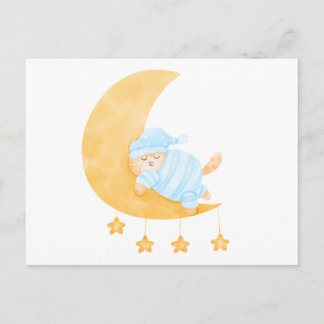 Cartão Postal Gato Adormecido em Aquarela na Lua Crescente