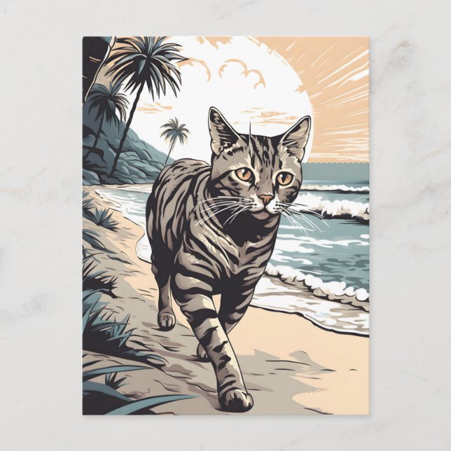 Cartão Postal Gato americano-de-praia em uma praia tropical (Frente)