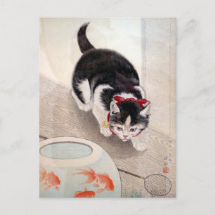 Cartão Postal Gato antigo com peixe dourado