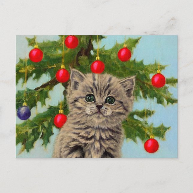 Cartão Postal Gato Antigo e Árvore de Natal (Frente)