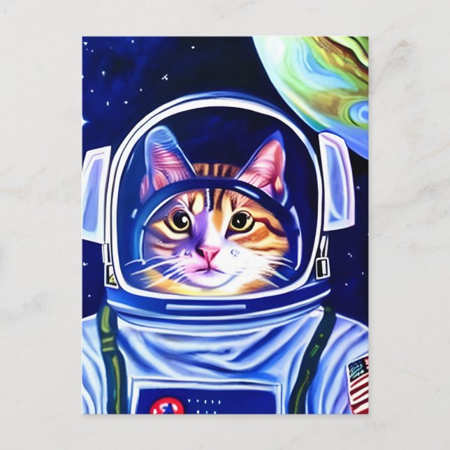 Cartão Postal Gato Astronauta no Espaço  (Frente)