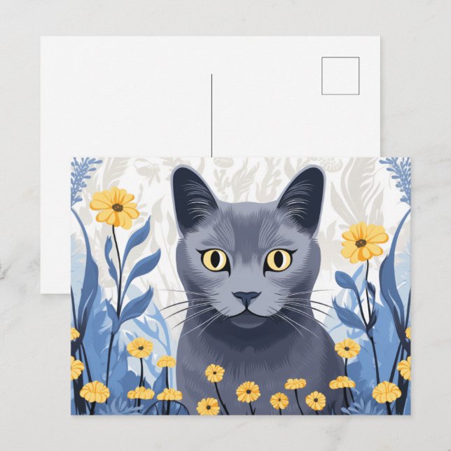 Cartão Postal Gato Azul Russo Flores Amarelas (Frente/Verso)