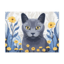 Gato Azul Russo Flores Amarelas