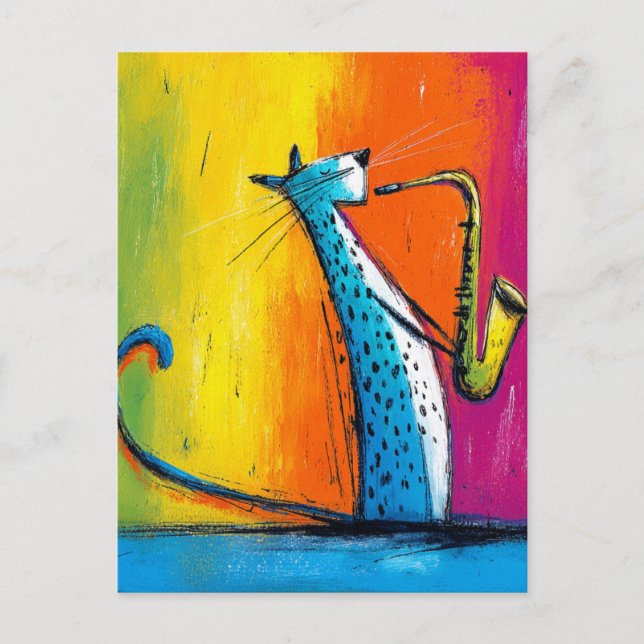 Cartão Postal Gato Azul Tocando um Saxofone (Frente)