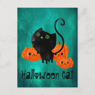Cartão Postal Gato bonitinho do Halloween com abóboras