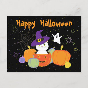 Cartão Postal Gato bonitinho do Halloween no Chapéu das Bruxas