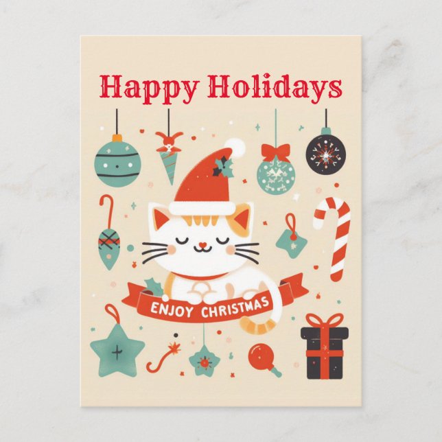 Cartão Postal Gato Bonito Aproveita a época de Natal (Frente)